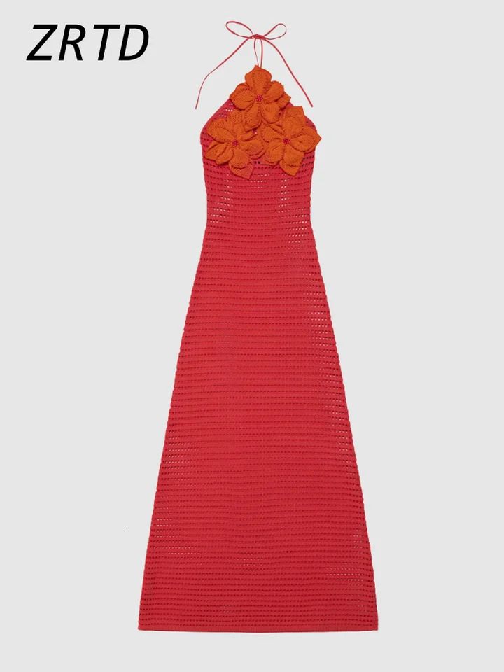 Sexy Crochet Hollow Out Long Halter Dress Women 3D Flower Backless Sleeveless Beach Dresses 2025 Summer Lady Vacation Robes 250616