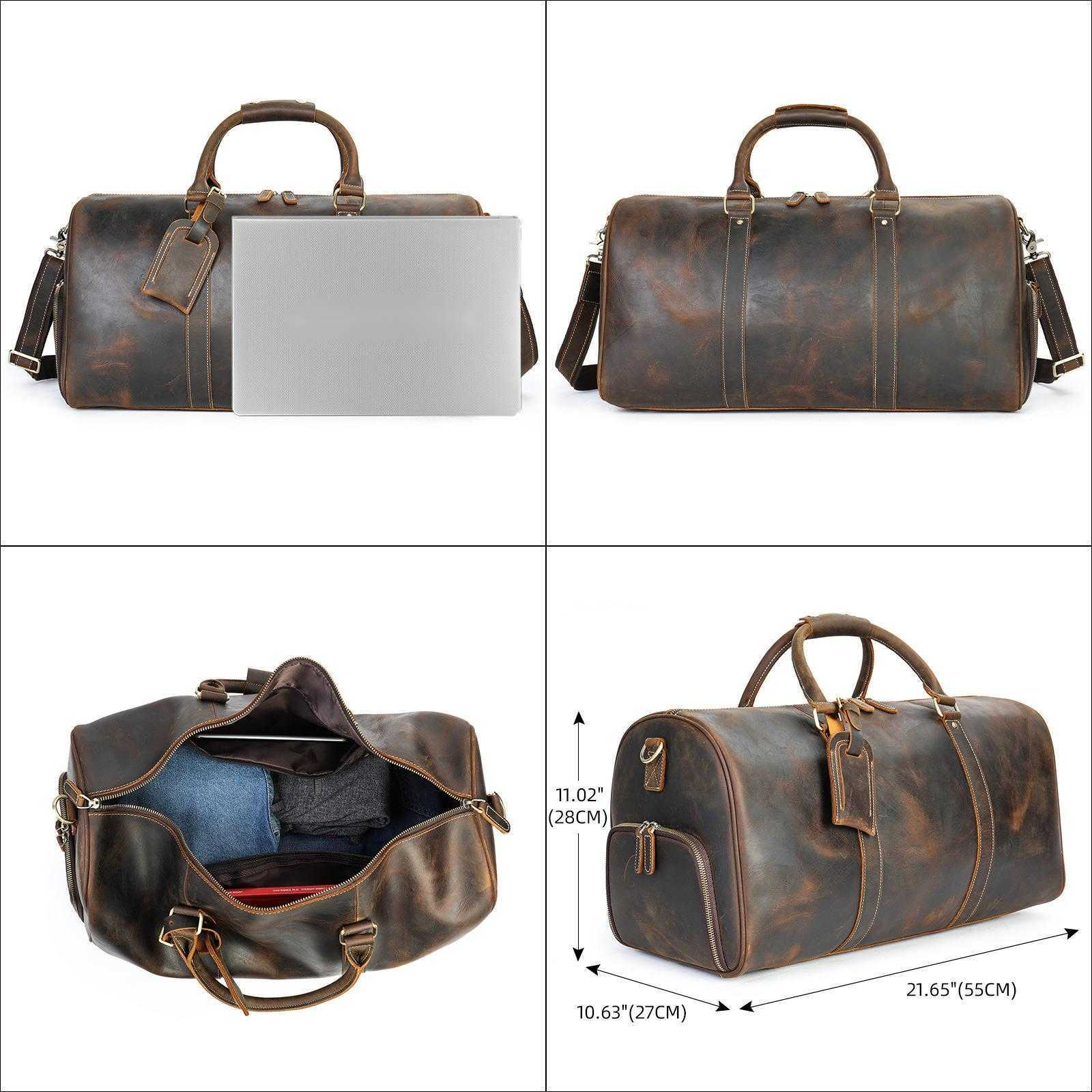 Top Layer Cowhide Crazy Horse Leather Travel Bag Large Capacity Gym Bag Shoe Compartment Outdoor Genuine Leather Mens Travel Duffel Bag