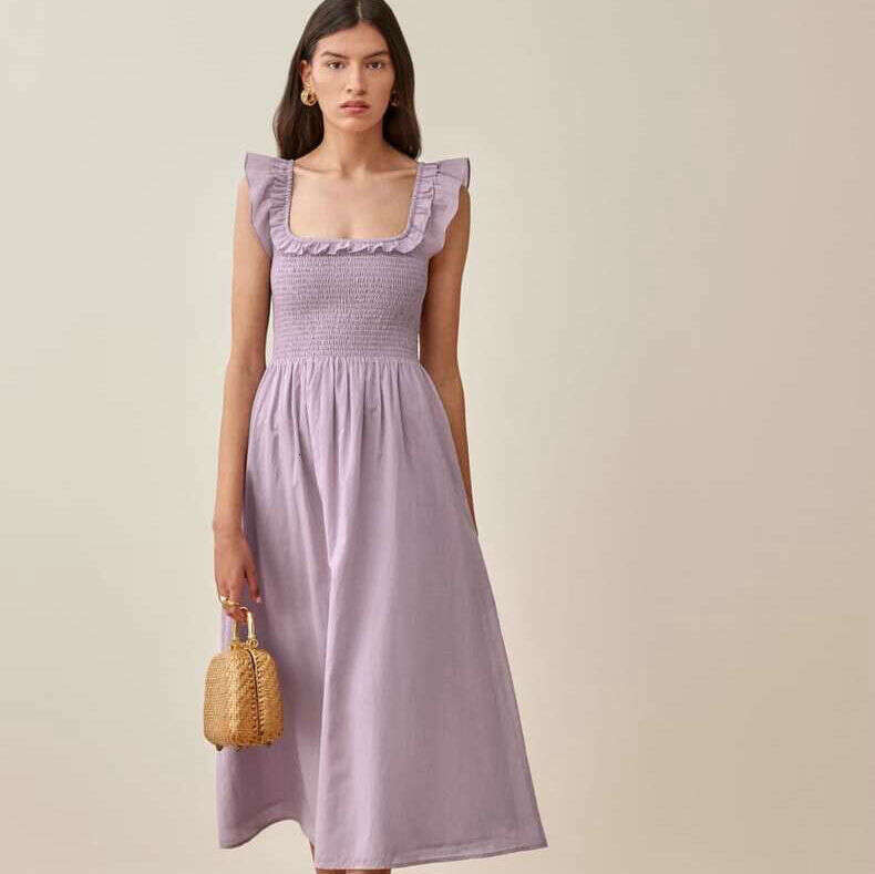 Fulllace Women Dress Vestidos Elegantes N669 Summer 2025 Taro Purple Square Neck Stretch Slim Fit Pure Cotton Small Flutter Sleeve Mid-length Dress