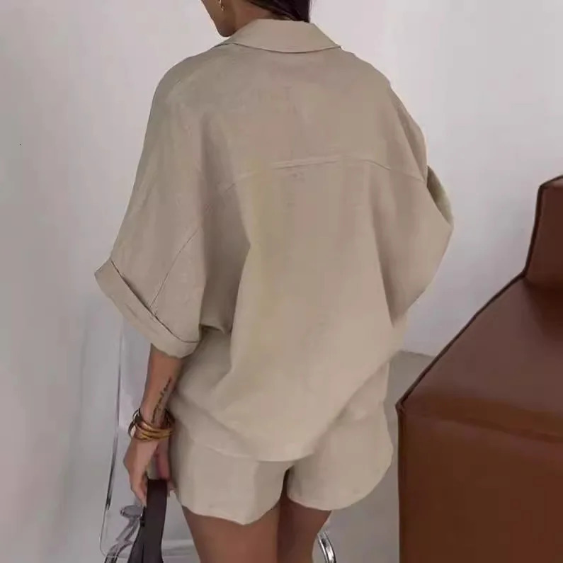 Simple Casual Solid Color Two-piece Set For Women Spring Half-sleeved Button Lapel Shirt Top Shorts Suit Summer Loose Chic Suit 250613