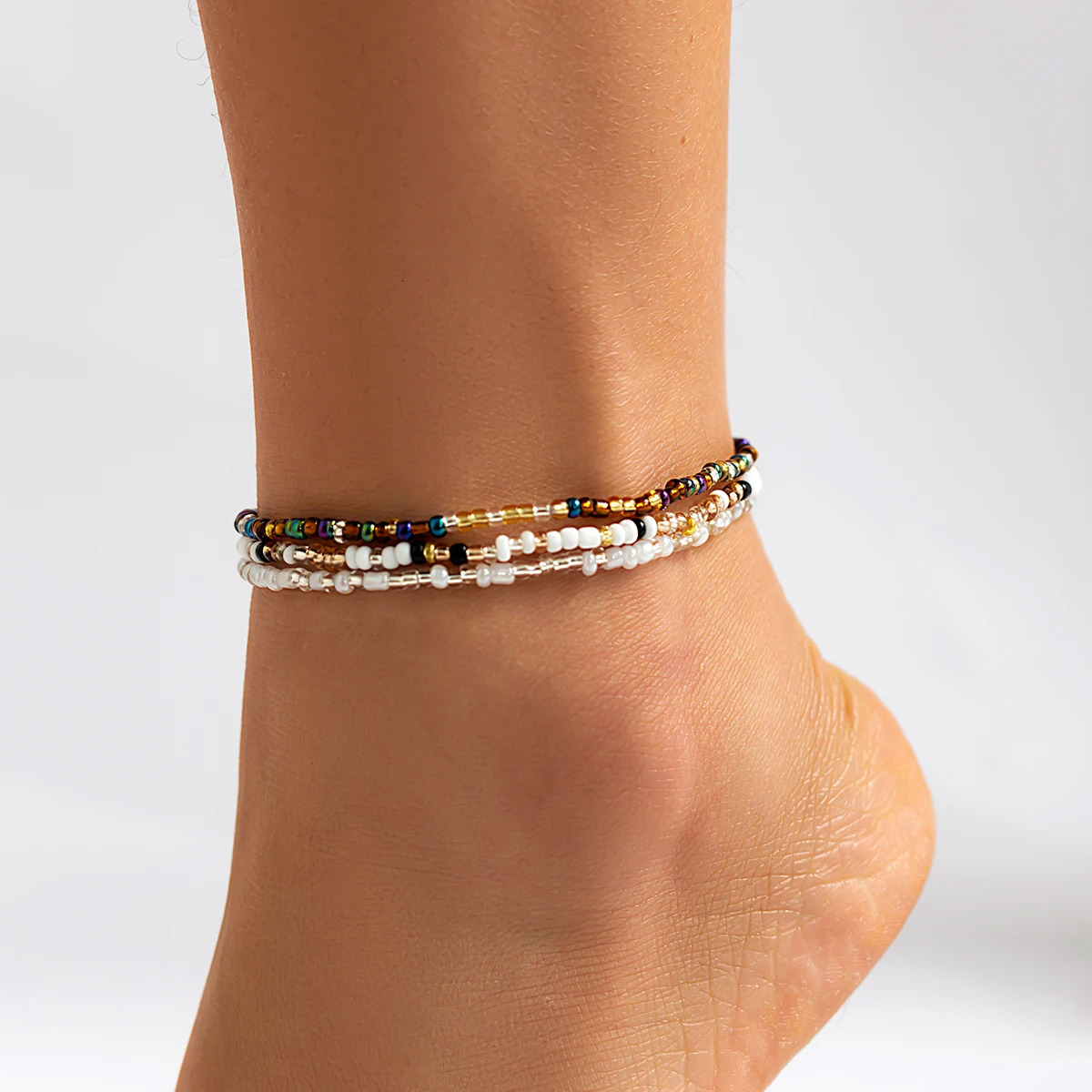 IngeSightZ Bohemian 3pcsset Multicolor Beaded Anklet Handmade Elastic Bracelet On The Leg Foot Summer Beach Jewelry 250606