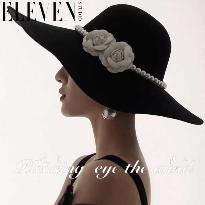 Elegant Socialite Pearl Flower Bride Hat French Style Black Wide Brim Hat and Graceful British Style Wide Brim Hat 250615