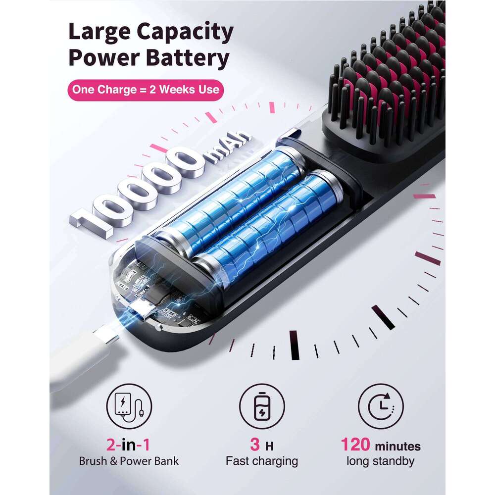 Cordless Hair Straightener Portable Brush 30s Fast Heating 10000mAh Rechargeable 300 Million Negative Ions Straightening Comb