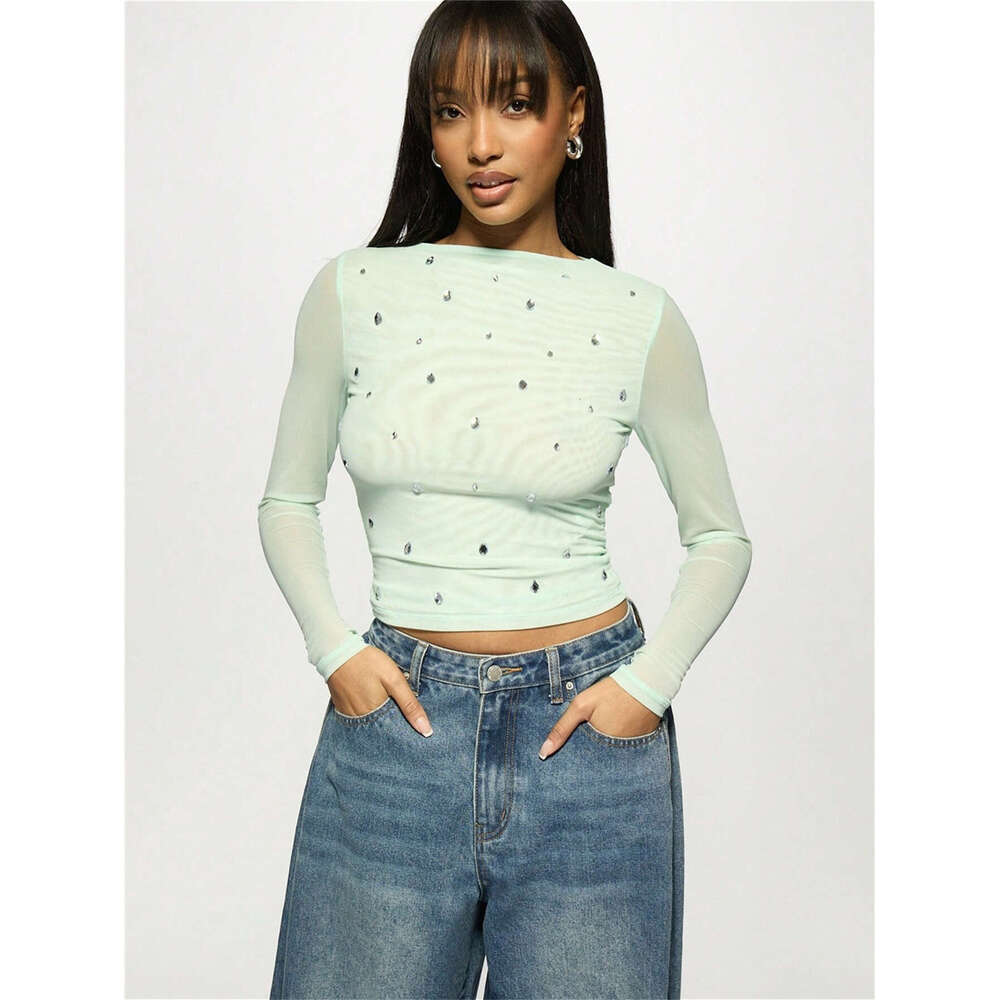 New Women's Fashion Casual Printed Slim Fit Mesh Semi-Transparent Hollow Long Sleeve T-Shirt B5
