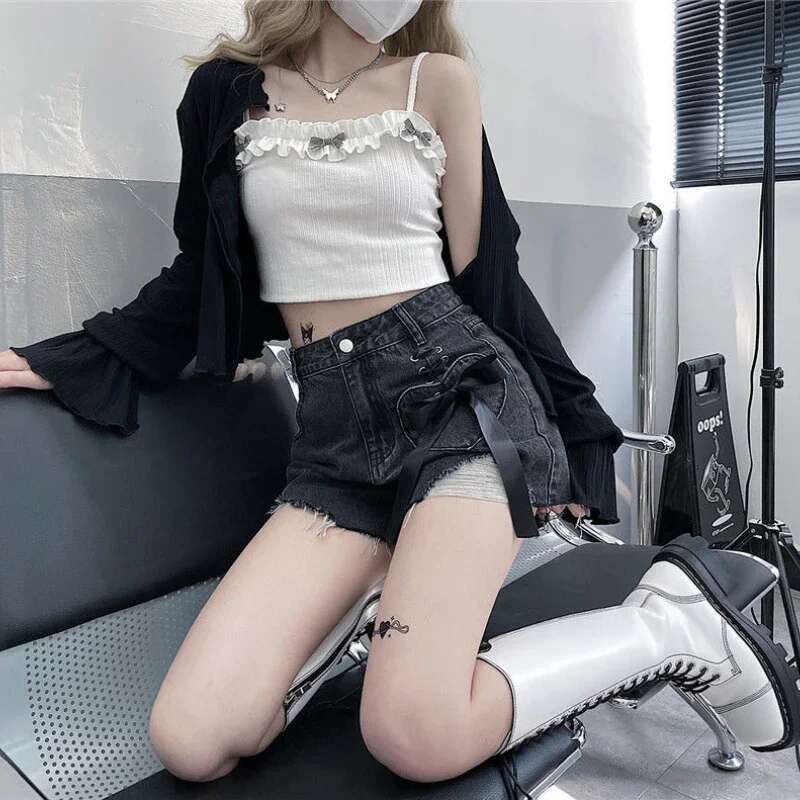 Denim Shorts for Women Strappy Ripped Jorts Elegant Cheap New In Harajuku Fashion 2000s Clothes Y2k Comfy Short Jean Pants Woman