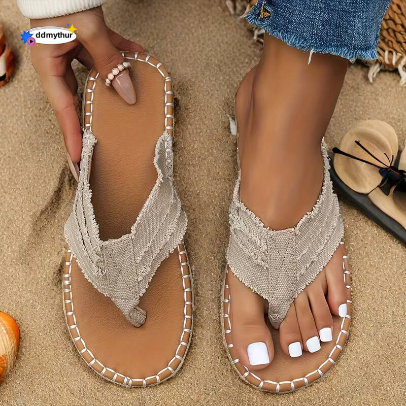 Summer New Style Flip-flops for Women Fashionable Flat-soled Grass Woven Thong Beach Shoes Large Size Sandals For Outer Wear ddmythur