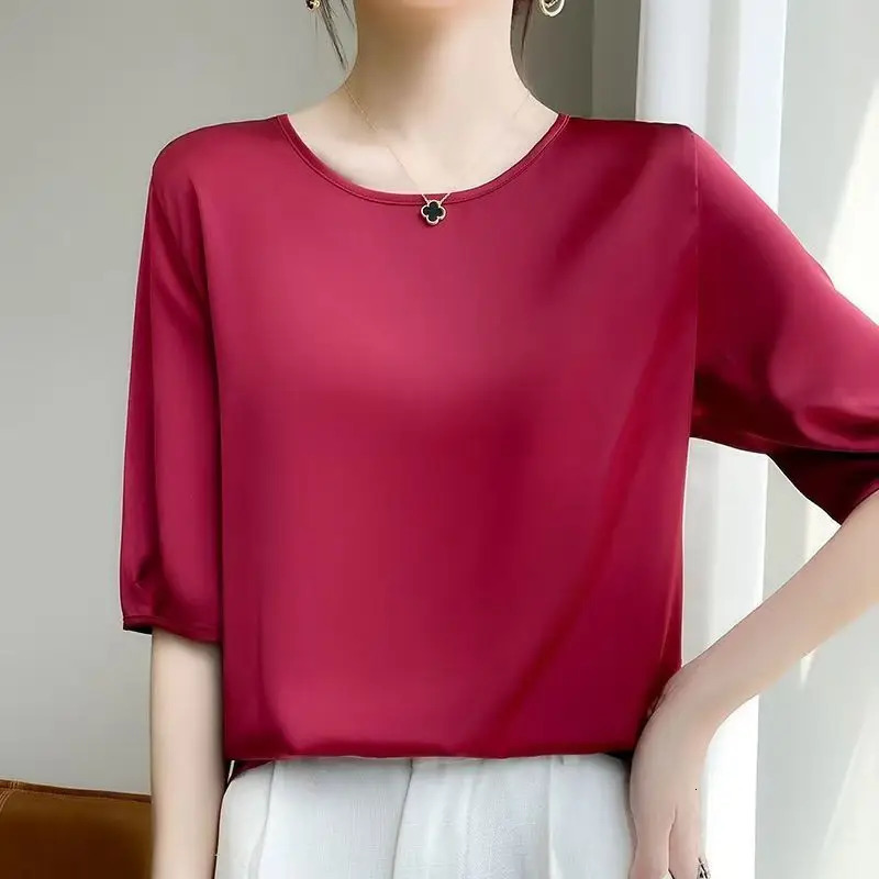 Summer satin Women Blouse Silky Loose Woman Shirt ladys half Sleeve tops Casual solid t-shirt O-Neck pullover womens clothing 250614