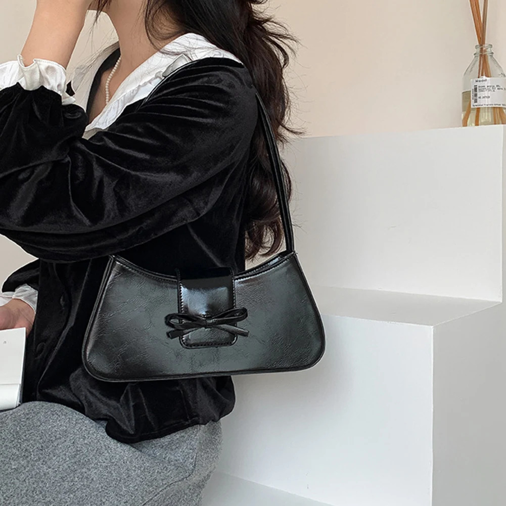 Sweet Bow Y2K Handbag PU Leather Underarm Pouch Women Retro Clutch Purse with Zipper Girls Causal Handbag Chic Top-Handle Bags 250614