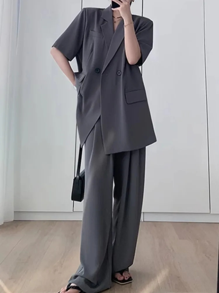 Short Sleeve Wide Leg Pants Blazer Suit Two Piece Set Summer Fashion Work Business Casual Female Clothes 250612