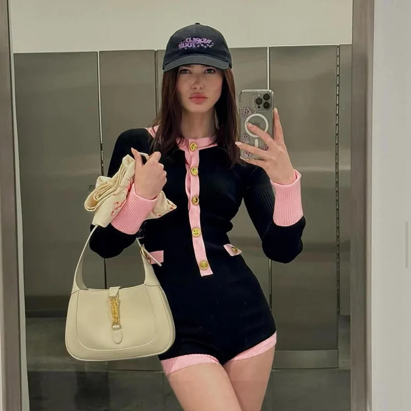 American lady Patchwork Playsuit Women Fashion Buttons O Neck Long Sleeve Slim Rompers Basics Bodycon Shorts Jumpsuits 250617
