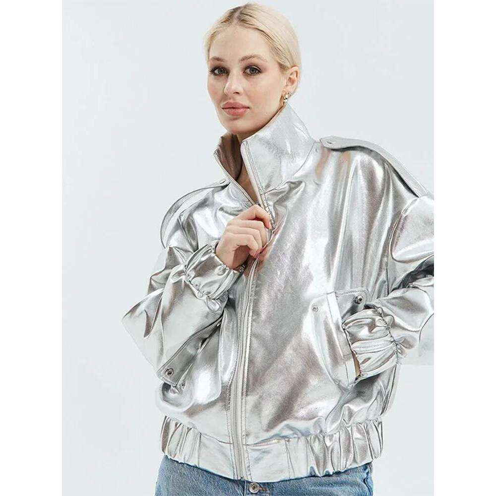 Glossy Jackets Women Casual Loose Lapel Zipper Fashion Coats Female 2024 Autumn Winter Long Sleeves Solid Street Outwears Lady