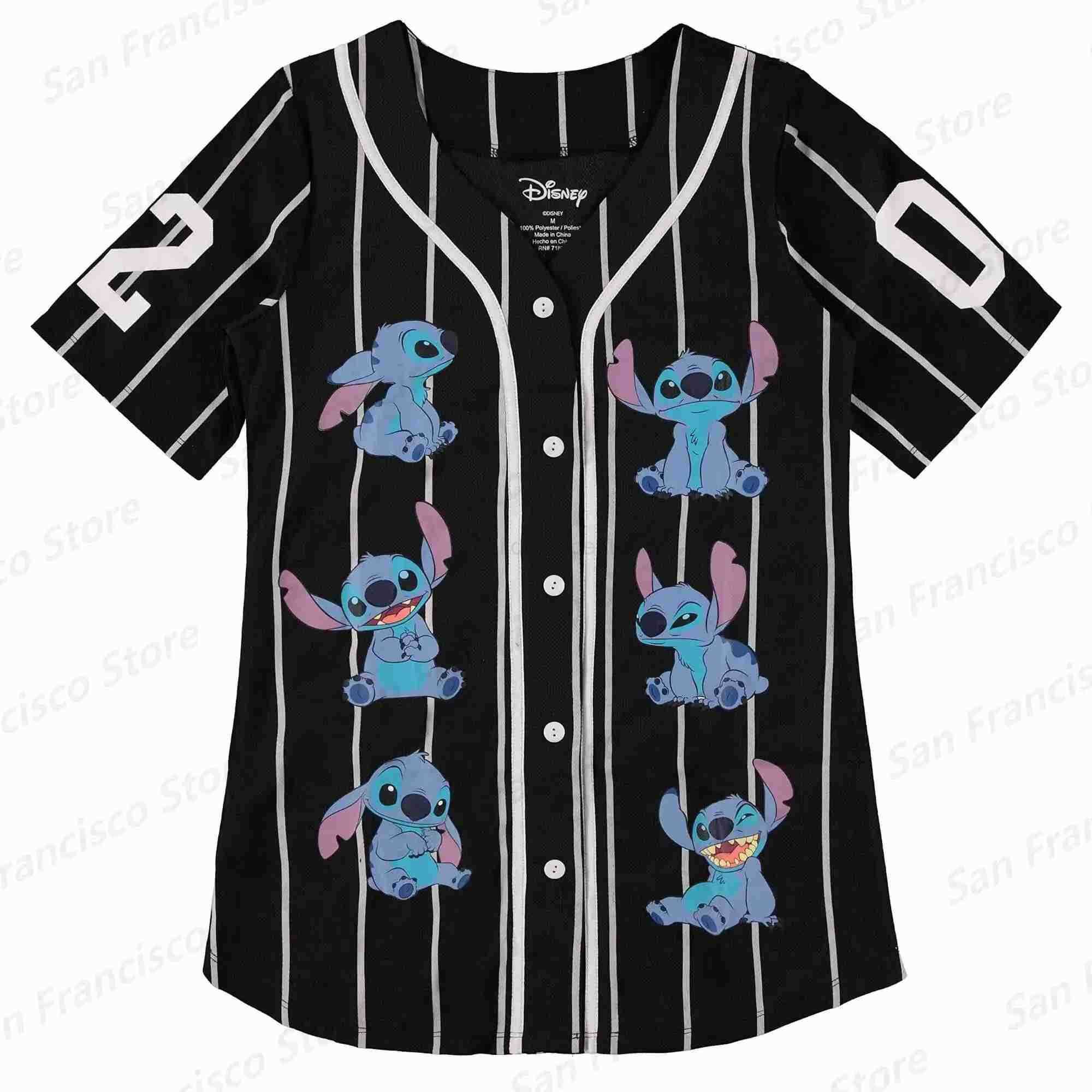 Disney Summer New Boy Girl Disney Stitch Classic Pattern Line Style Baseball Shirt KIDs/Adult Casual Breathable Collarless Shirt Jersey W250617