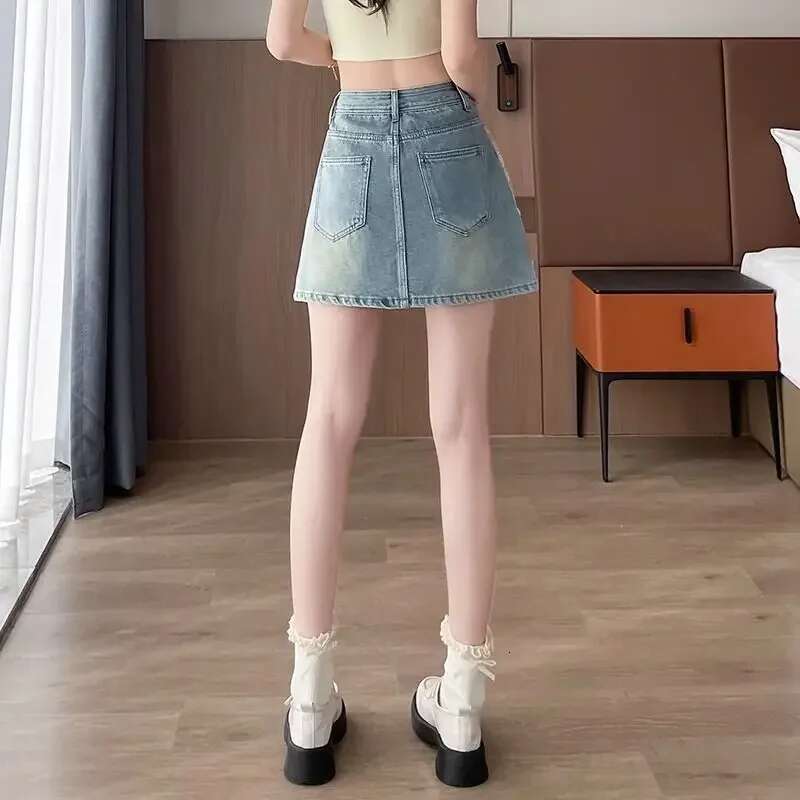 Vintage Lace Splicing Light Blue Jeans Skirts for Women Cheap Harajuku Y2k Modest Korean Style Premium Fashion Woman Denim Skirt