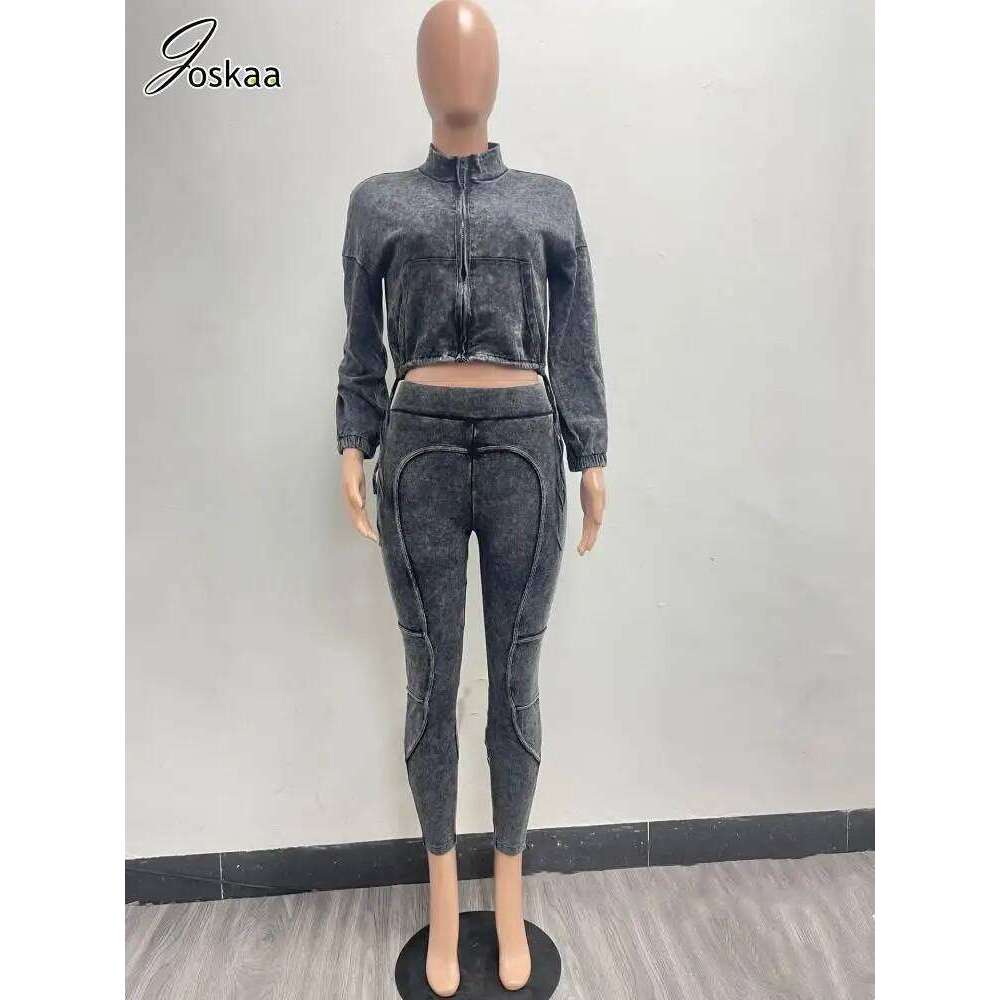 Joskaa Ribbed Patchwork Gym Set Women Casual Long Sleeve Zip Crop Tops and Pencil Pants Matching 2 Piece Sets Fiess Tracksuits