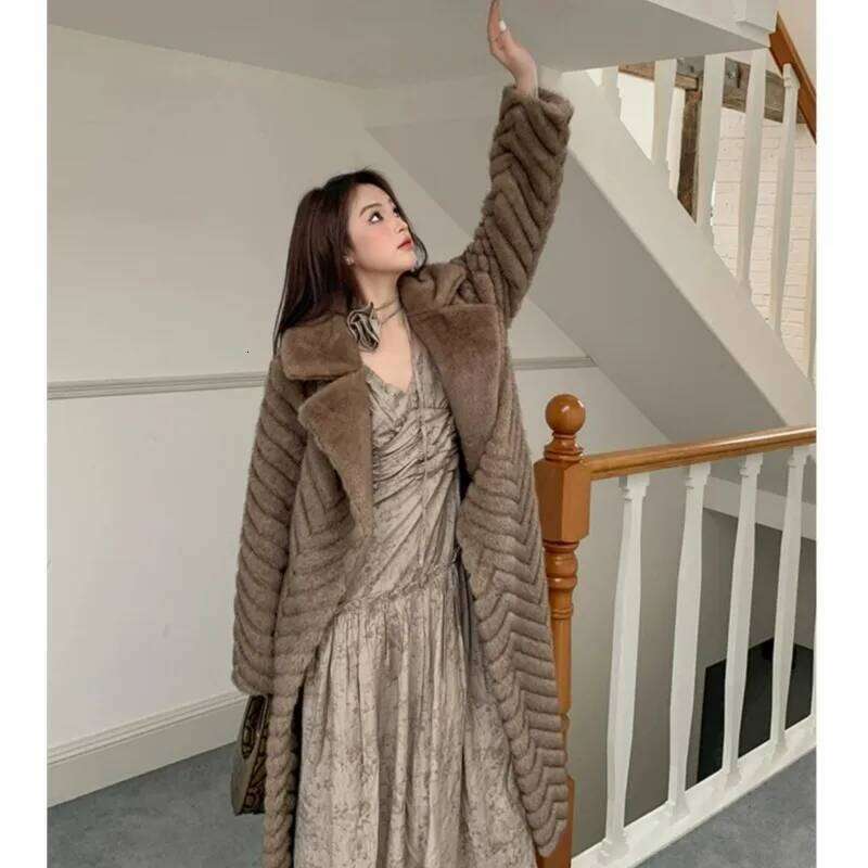 Winter Brown Eming Wave Strip Pattern Faux Mink Fur Coat CHIC Women Bow Sashes Full Sleeve Loose Warm X-Long Outerwear