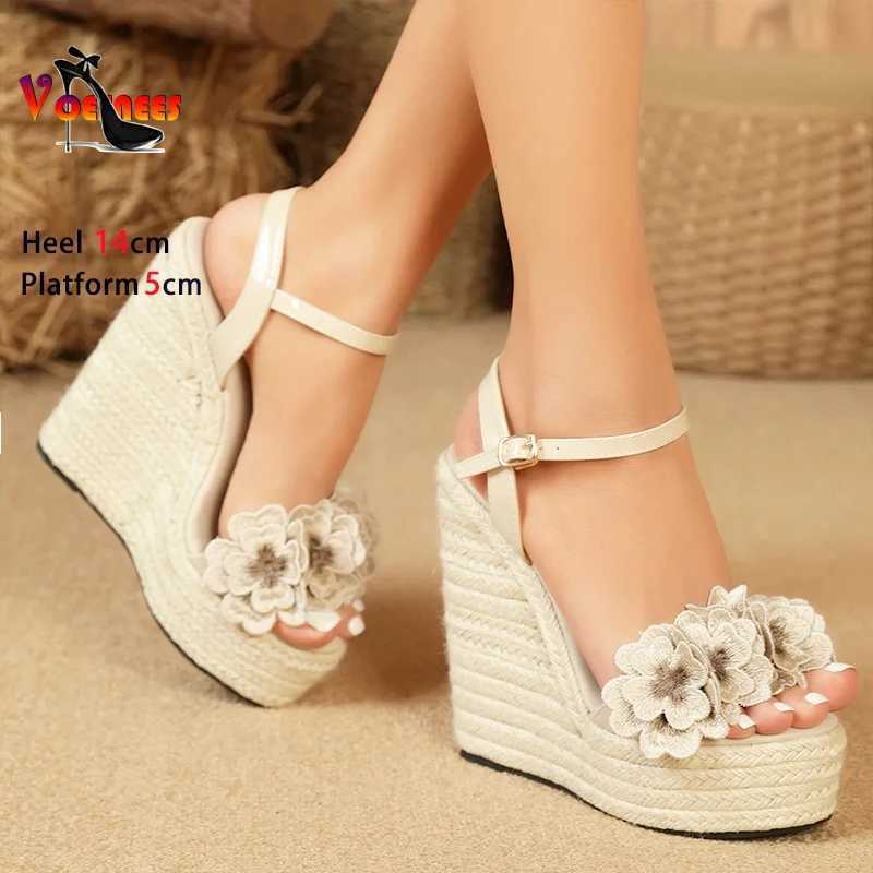Women Sexy Wedge Sandals with Flower Sexy 14cm Fashion Simple Slope Heel Waterproof Platform Hemp rope woven bottom Car Sandals Z250617