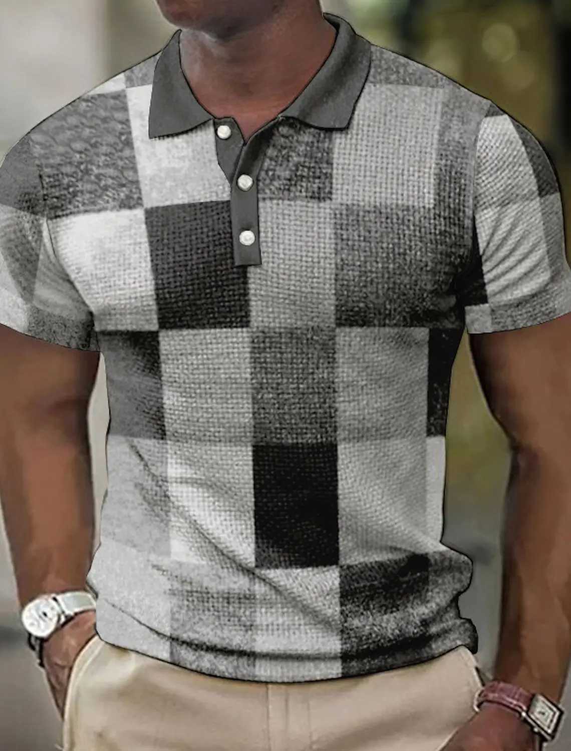 Mens Polo shirt lapel Polo button shirt color block plaid 3D pattern printed cuff outdoor street short-sleeved printed clothingXJ250617