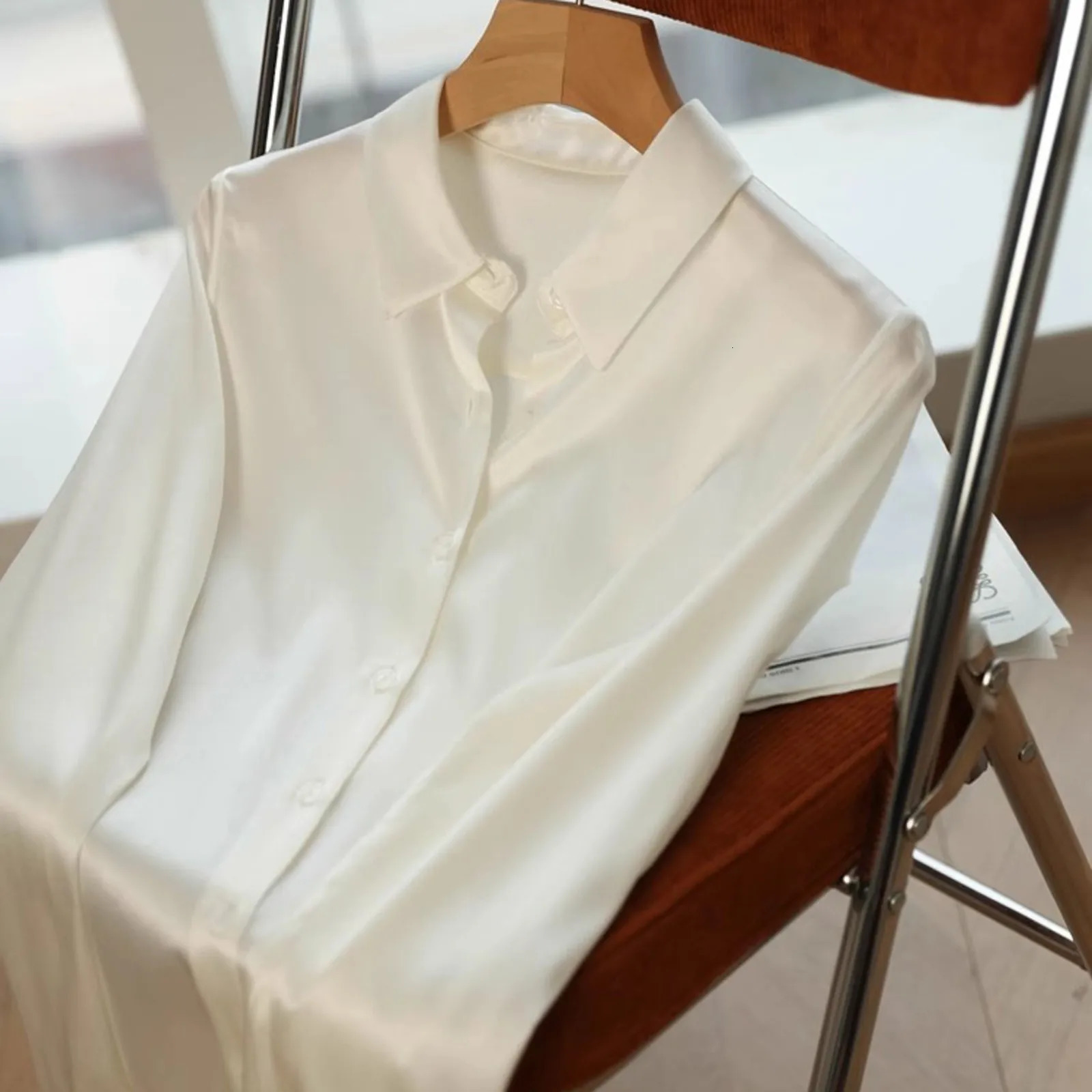 Korean Reviews Clothes Satin Silk Shirt Button Down Shirt Casual Loose Long Sleeve Office Work Long Edition Blouse Ropa De Mujer 250614