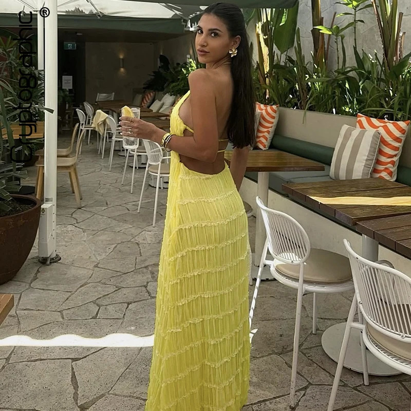 Cryptographic Summer Sexy Backless Frill Hem Maxi Dress Outfits Holiday Sleeveless Halter Bandage Sun Dresses Beachwear Solid 250614