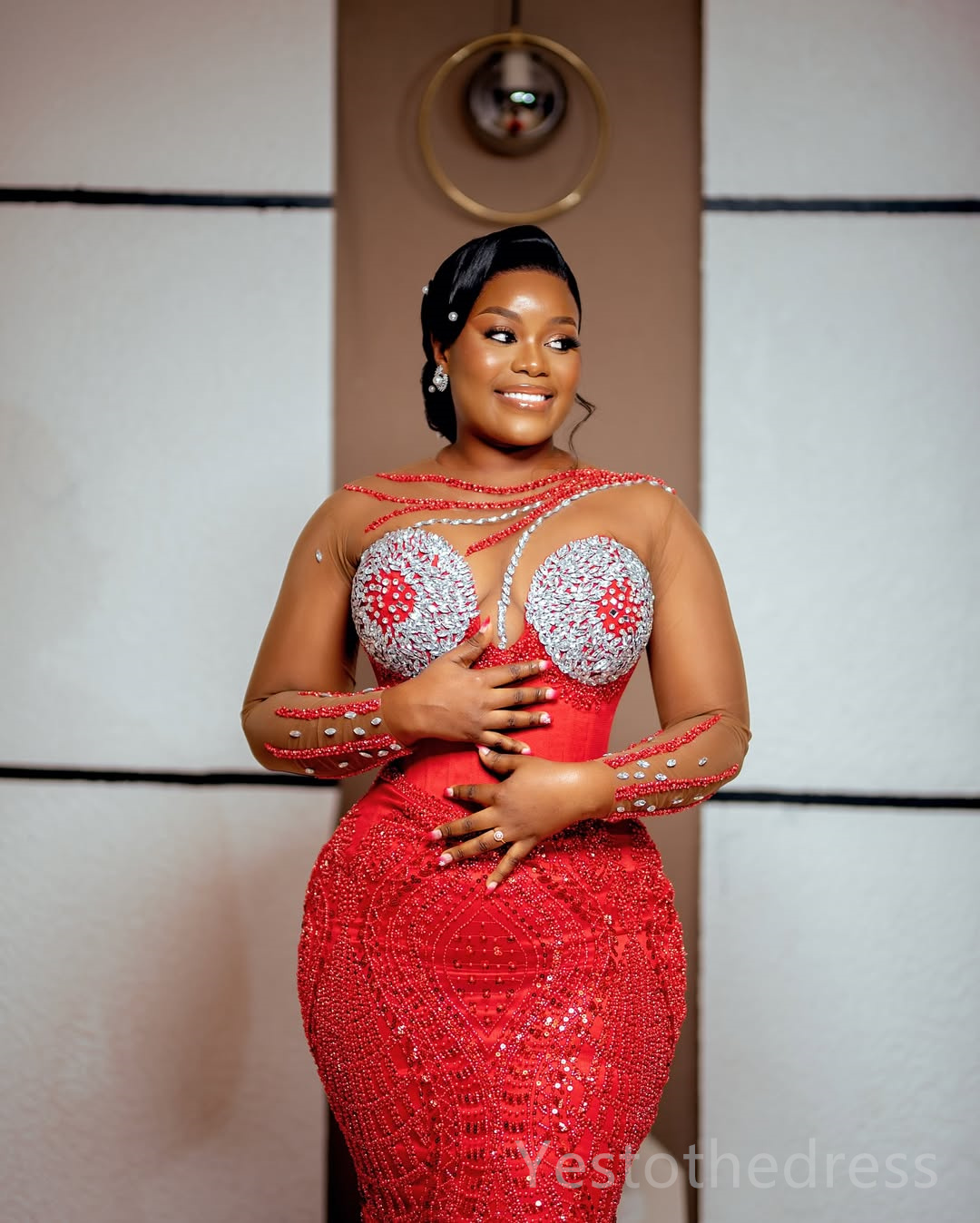 2025 Plus Size Red Aso Ebi Prom Dress Mermaid Prom Dresses Evening Formal Gowns Sheer Neck Long Sleeves Beaded Lace Flora Birthday Dress Second Recept