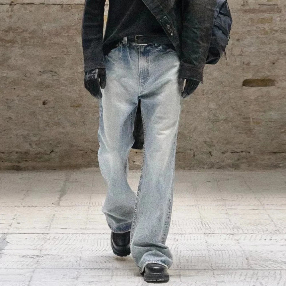 Harajuku Streetwear Washed Vintage Solid Jeans Mens Y2K Straight Baggy Flare Pants Unisex Oversized Casual Denim Trousers 250616