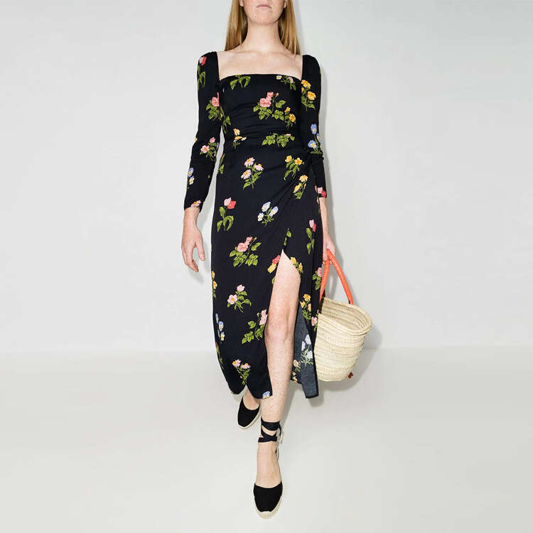 Festival Undefined Women Dresses Dress N484 Summer 2025 Printed Mid-length Split Square Neck Slim Fit Long Sleeve Dress Womens Fashion
