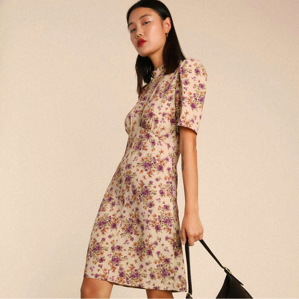 Summer Dress Vestido De Mujer Black Dress N586 Spring Summer 2025 Floral Print Round Neck Pullover Short Sleeve Dress Waist Slimming Women
