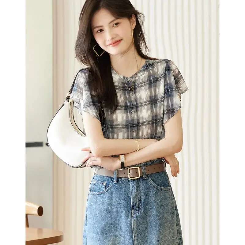 With Short Sleeve Woman Top Ruffle Shirts Blouses for Women Loose Print Frill Korean Popular Clothes New Collection 2025 M Xl