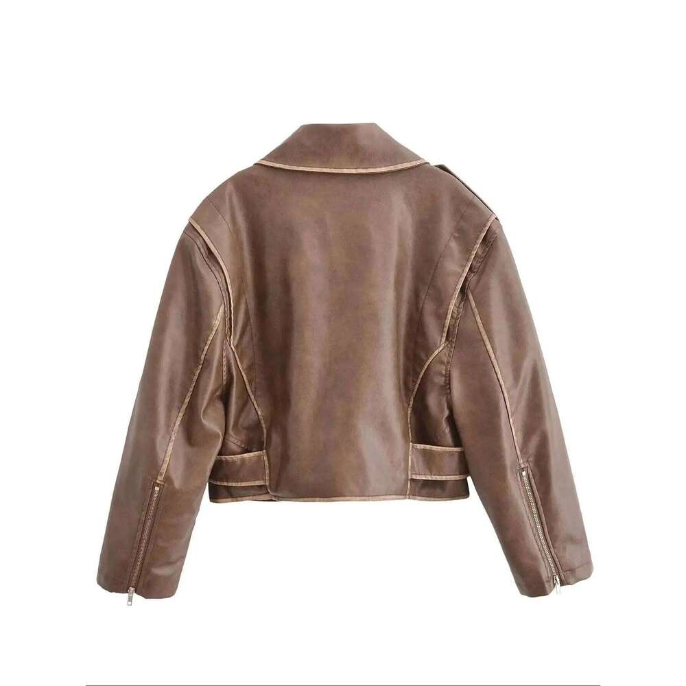 2025 New Women's Retro Vintage Brown Faux Leather Jackets Belt Female Motor Biker Pockets Plus Size Loose Streetwear Coats Tops