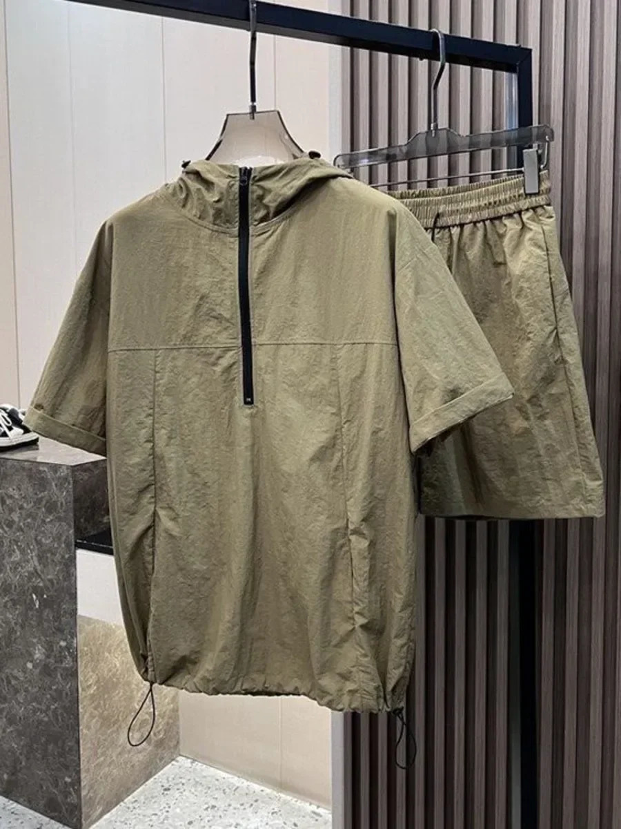 Summer Cargo Hooded Tracksuit Short Sleeve T-shirt Zipped and Shorts Outfits Quick Drying Solid Casual Outdoor Sport Clothes Set 250616