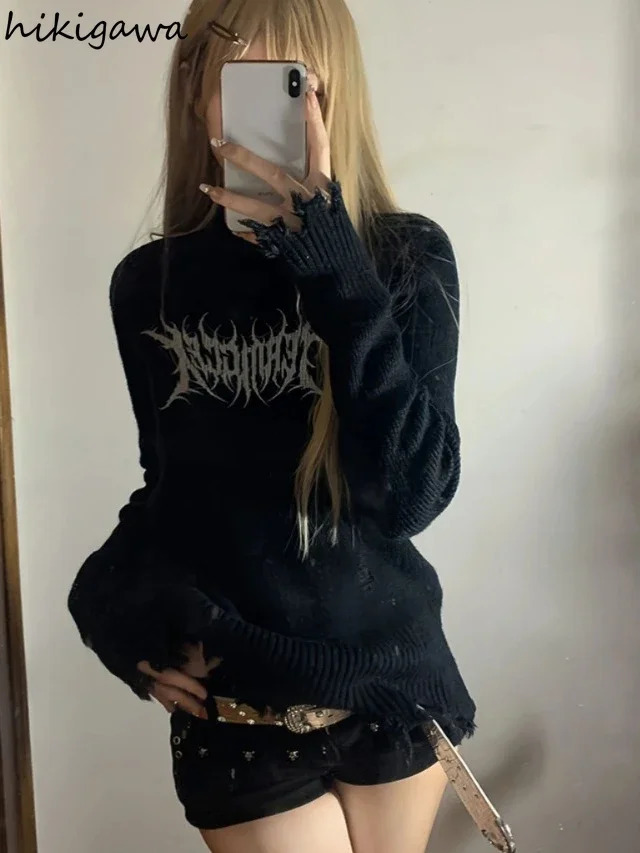 Punk Print Women Sweater O-neck Casual Fashion Jumper Pull Femme Streetwear Hole Tassel Knitted Y2k Pullovers Tops Sueter Mujer 250614