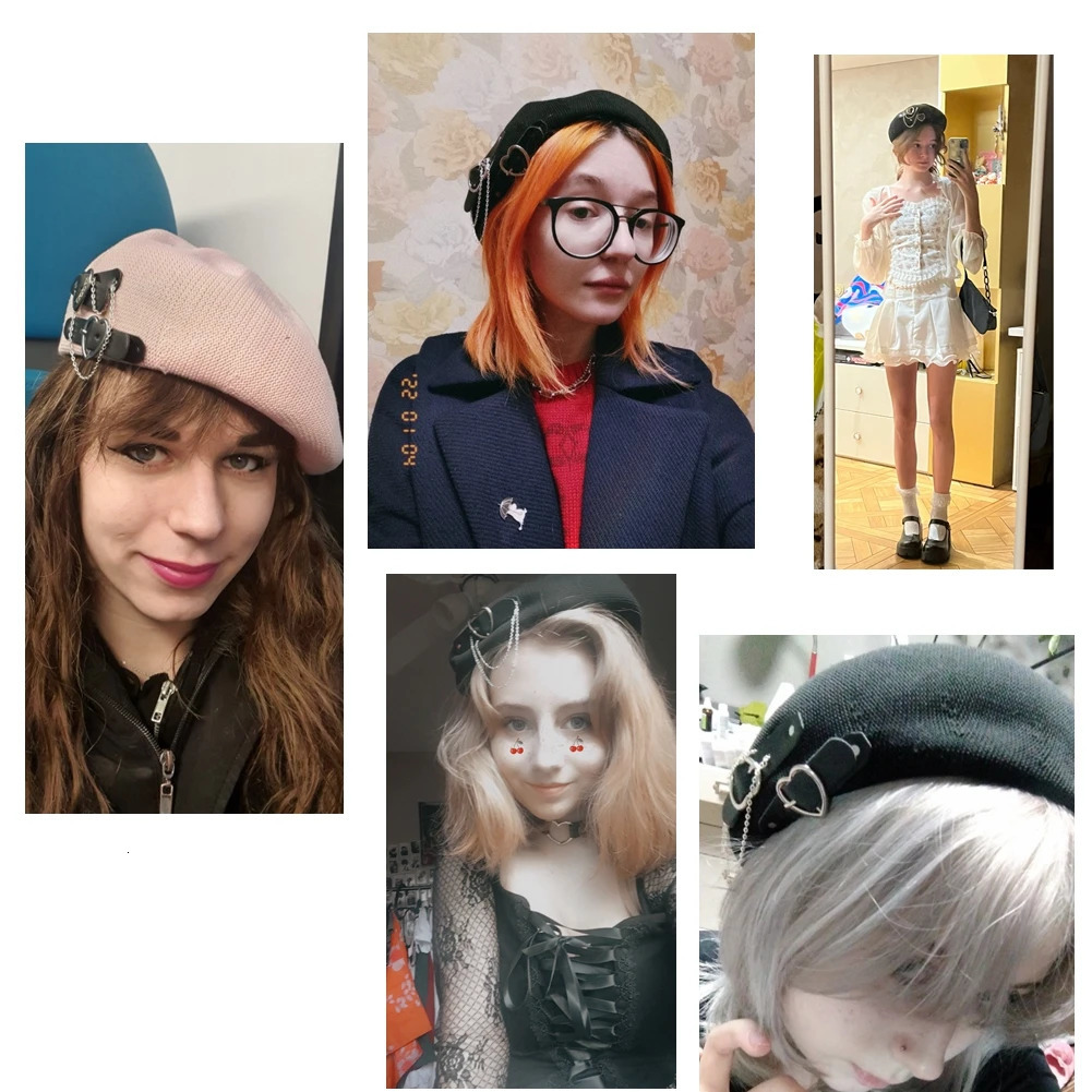 Black Punk Beret for Girls Women 56cm Head Preppy Style Breathable Gothic Lolita JK Hat Beanie 250604