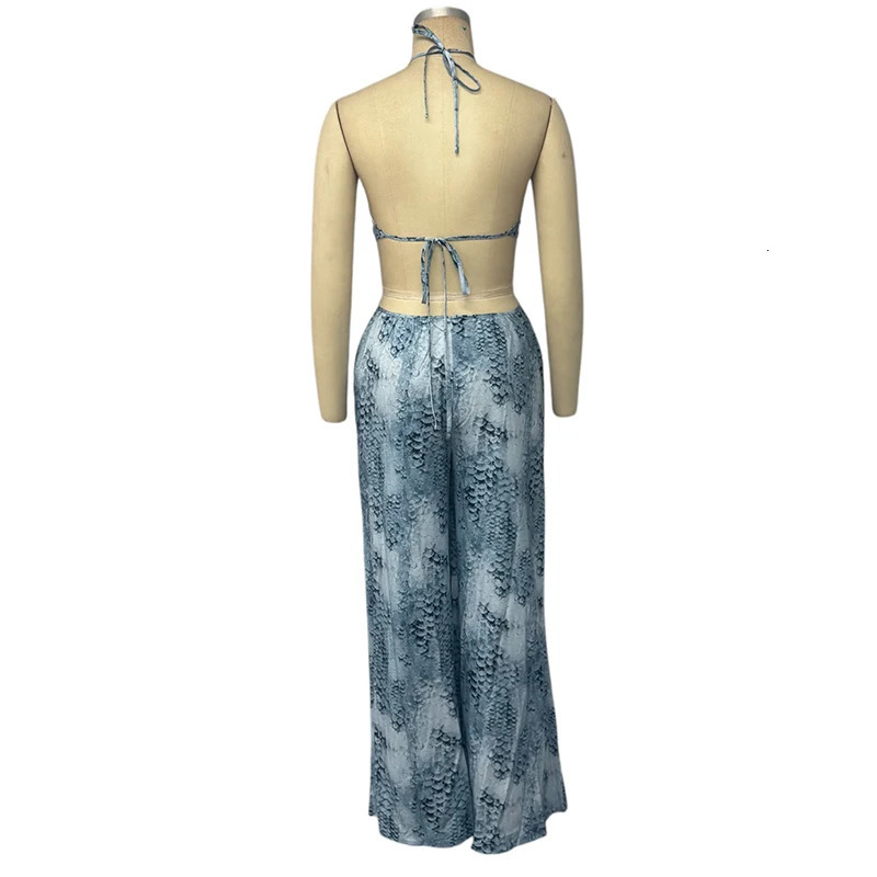 Wefads Women Jumpsuit Casual Fashion Sleeveless Printed Halter Neck Backless Lace Up Wide Legs Pants Rompers Streetwear 250617