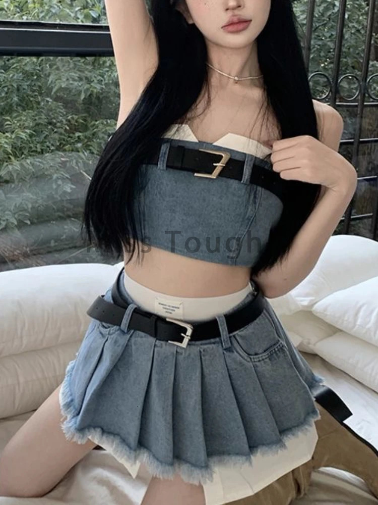 High Street Y2k Fashion Two Piece Set Women Retro Denim Long Sleeve Skirts Suit Korean Style Chic Set Short Vest Mini Skirt 250614