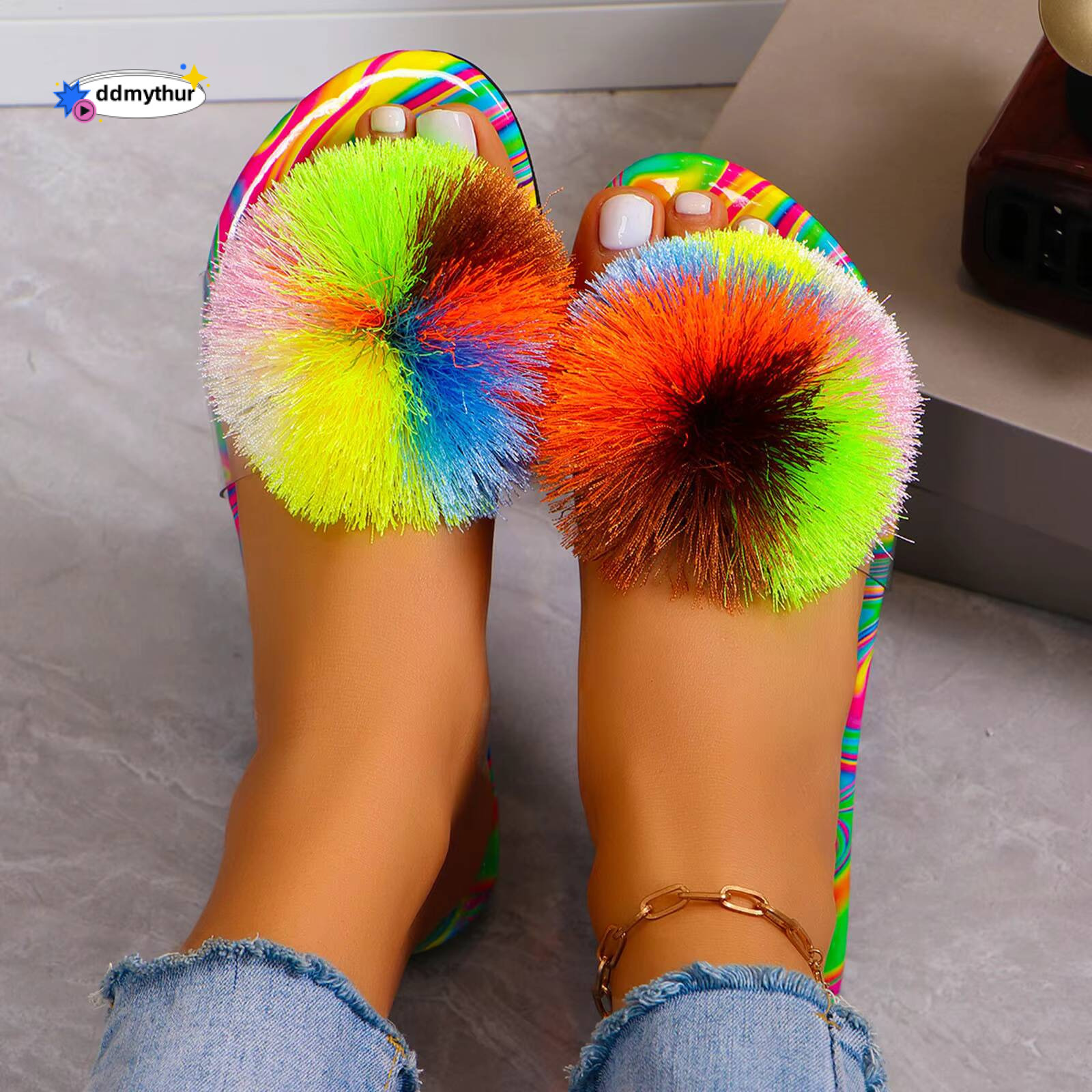 Shoes Woman 2024 Foreign Trade Flat Bottom Slippers Female Outer Candy Colored Hairball Beach For Women Sandals On Offer ddmythur
