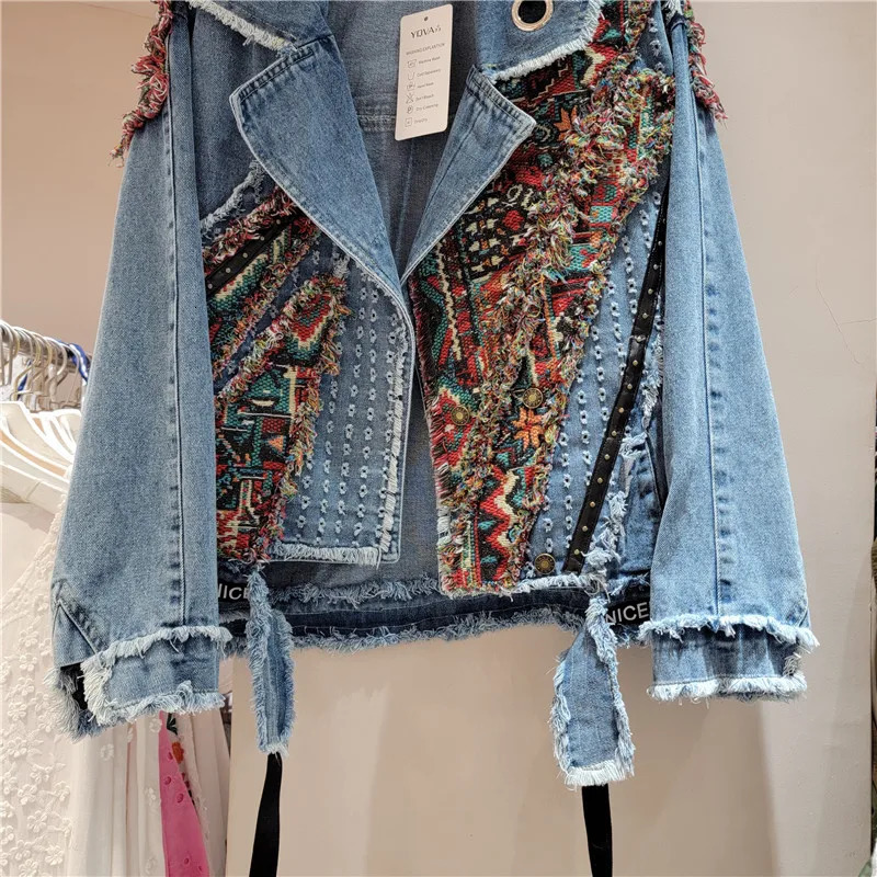 Women Spring Autumn Ethnic Geometry Floral Pattern Embroidered Suits Collar Denim Jacket Rivets Jeans Coat Cowboy Cardigan Tops 250613