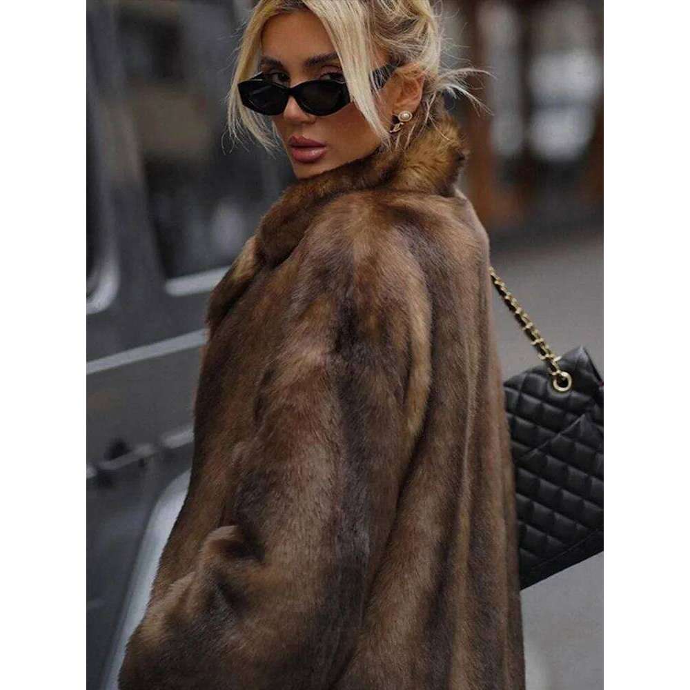 Vintage Lapel Faux Fur Long Women Loose Plush Single-Breasted Thick Coats Winter Warm Chic High Street Outwear