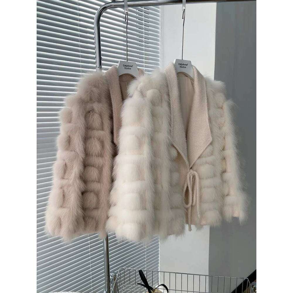 CXFS Real Fox Fur Coat Women 2024 Autumn Winter Knitted Cardigan Jacket blended Thick Warm New Fashion Belt Turn Down Collar