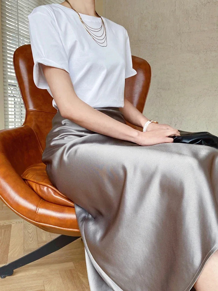 Silk Satin Skirts for Women High Waisted Skirt 2025 Women A-Line Elegant Skirts Summer Pink Midi Skirt Korean Style 250614