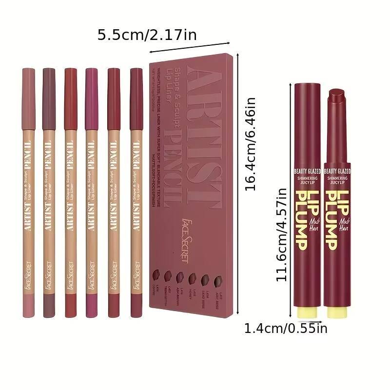 7pcs Makeup Liner Set + Lip Matte Waterproof Long lasting Lipliner Pen Moisturizing Jelly Lipstick happy