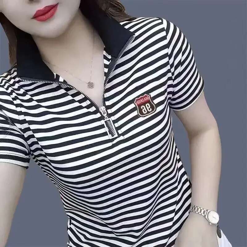 Polo Neck Shirt for Women Graphic Baggy Woman T Striped Womens Clothing Trend 2025 Sales Youth Casual Tops with Collar on Offer