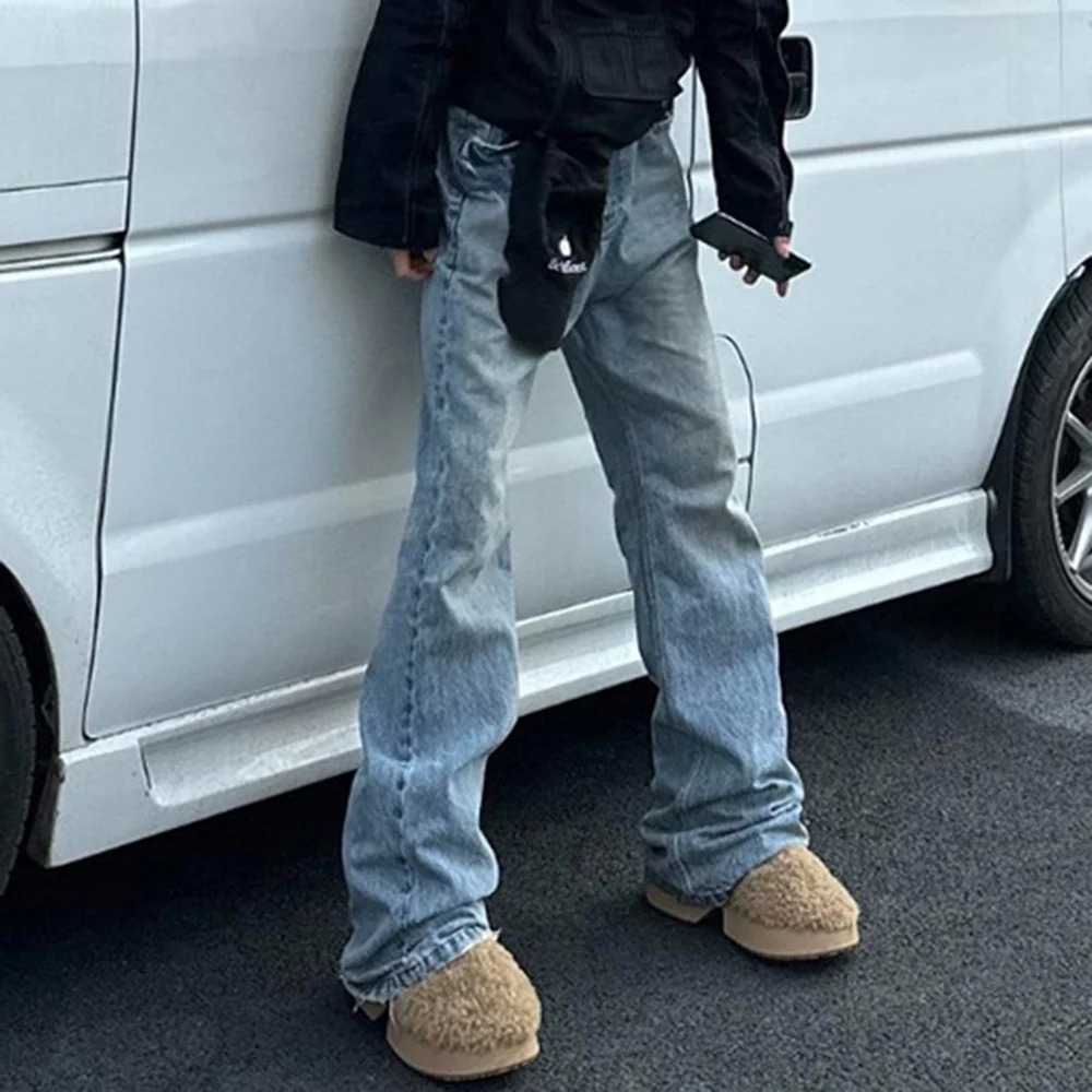 Harajuku Streetwear Washed Vintage Solid Jeans Mens Y2K Straight Baggy Flare Pants Unisex Oversized Casual Denim Trousers 250616