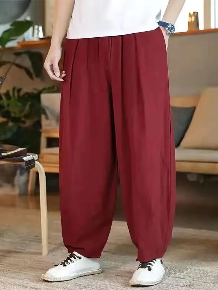 Baggy Cotton Linen Pants Men Casual Wide leg Oversize Jogger Linen Trousers Old Money Vintage Drawstring Sweatpants Male 2025 250614