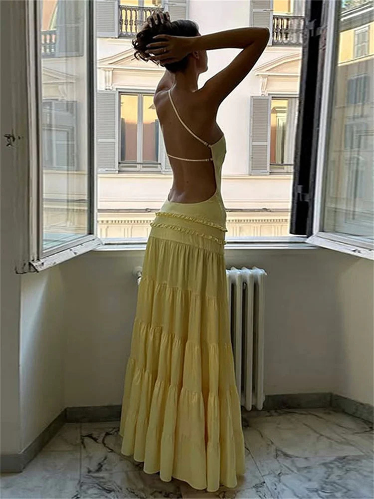Tossy Ruffled One-Shoulder Elegant Long Dress For Women Skinny Backless Patchwork Lace-Up Party Dress Female Bodycon Dress 2025 250614