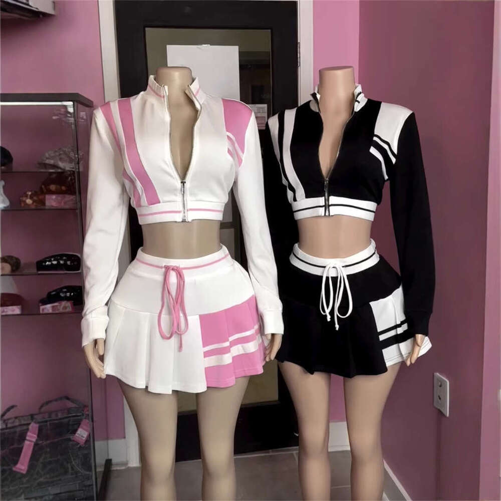 Spring Women's Street Style Color Block Jacket Top And Fashion Short Skirt Two-Piece Set For Women B5