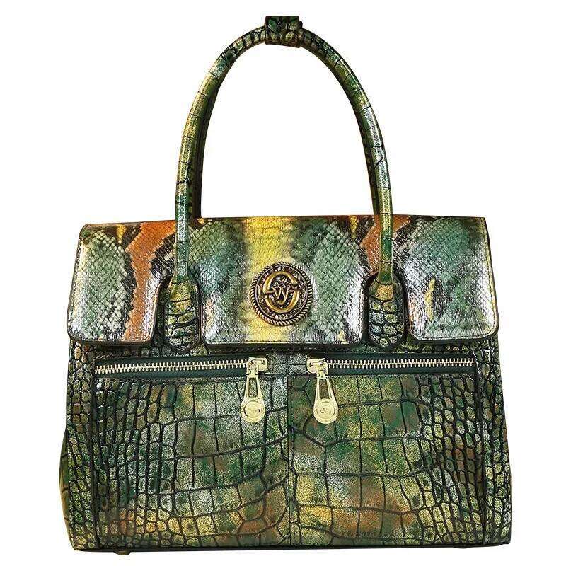 2024 New European And American Style Handbag Platinum Crocodile Pattern Large Middle-Aged Mother Bag Genuine Leath