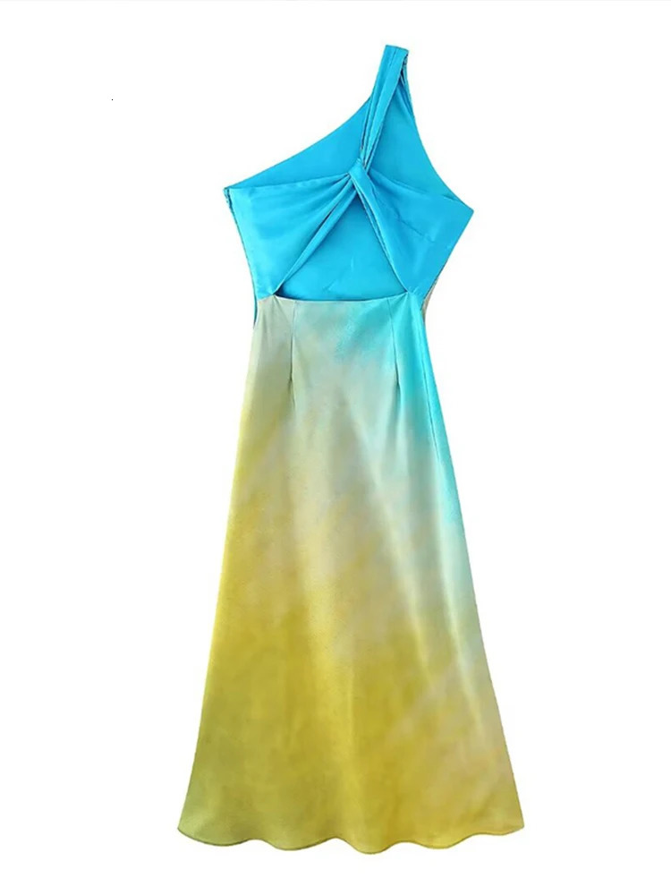 Fashion Diagonal Collar Gradient Print Midi Dress Women One Shoulder Sleeveless Backless Long Dress Summer Lady Party Robe 250616