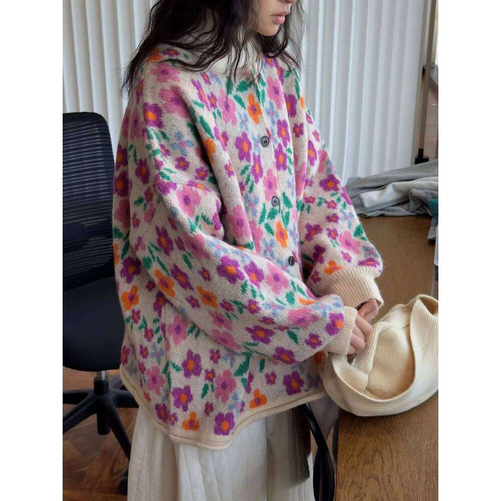 Autumn and winter women's casual floral round neck long sleeved loose cardigan sweater