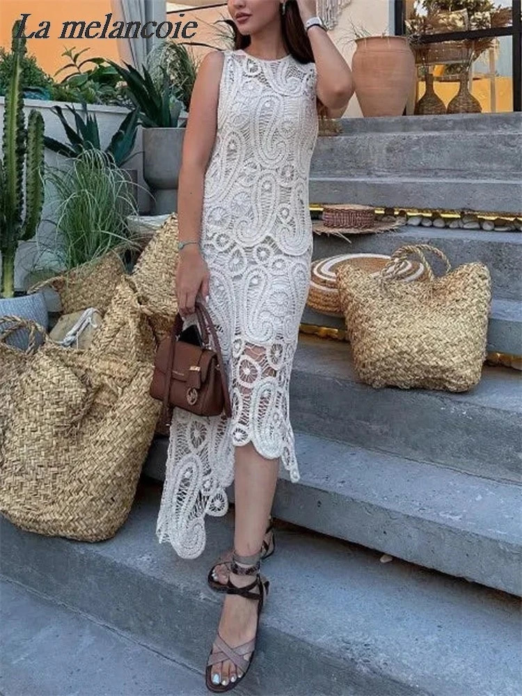 Crochet Knitted Irregular Top Skirts Set Woman Summer Sexy Sleeveless Tank Top High Waist Skirts Elegant Chic Outfit 250616