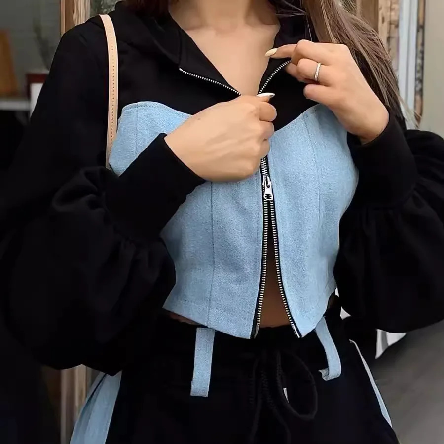 Denim Patchwork Toppant 2 Piece Sets Womens Spring Fashion Zipper Hoodies Coat Outfits Casual Wide Leg Sweatpants Suit Women 250614